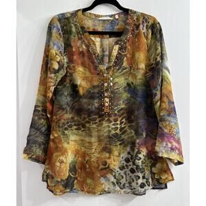Soft Surroundings Small Top Watercolor Popover‎ Roll Tab Embellished V Neck